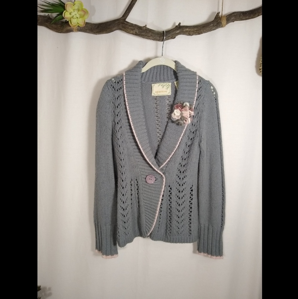 Sparrow gray open knitwork floral lapel cardigan